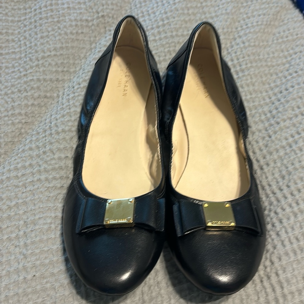 Cole Haan Black Leather Talia Flats with Bow Accents